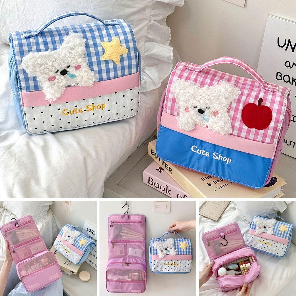 Cartoon Dog Makeup Bag Pink Blue Large Capacity Storage Bag Compartment Design Grid Pattern Organization Bag Bussness Trip