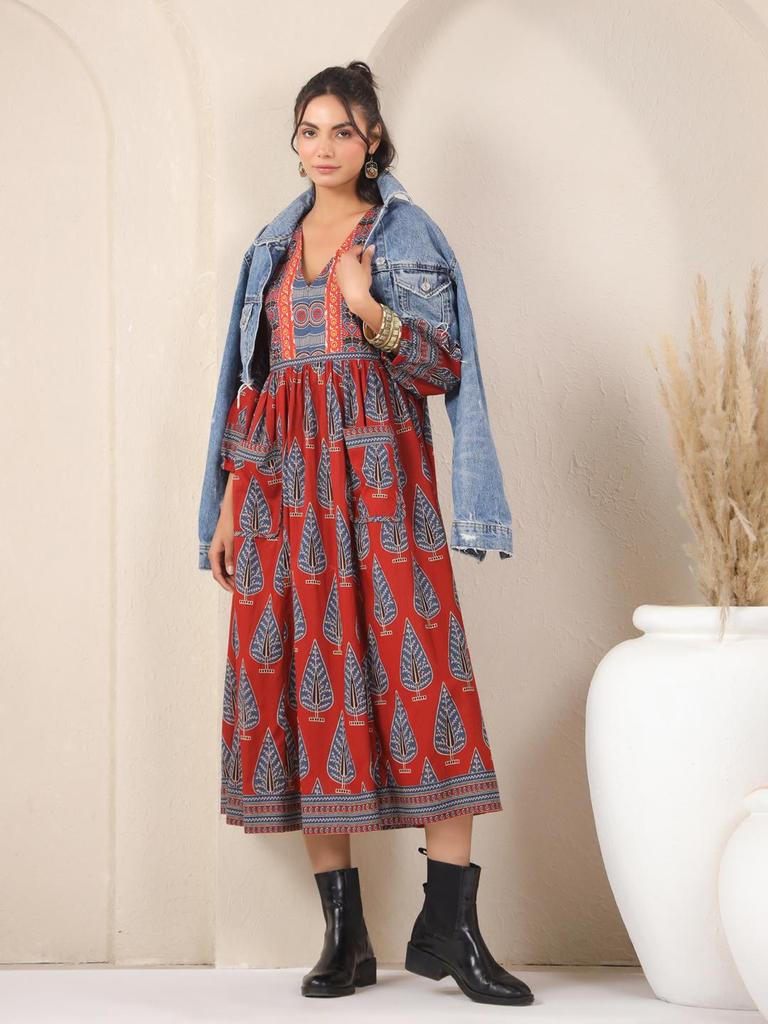 Hand Block Printed Dress Midi Cotton Floral Dress Boho Chic Holiday Summer Indian Cotton Dress Handmade In India Jaipuri Dress with Pockets