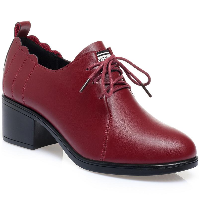 Spring Autumn Deep Mouth New Fashion Casual Women's Solid Shoes Lace Up Round Toe Chunky Heel  Soft Leather Soft Bottom Shoes