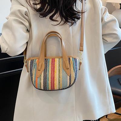 Woven Bag Women's 2025 New Trendy Bucket Vacation Straw Bag Portable Vegetable Basket Shoulder Messenger Bag