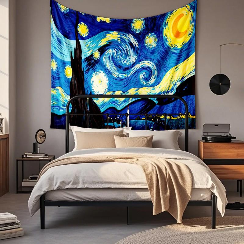 Boho Chic Wall Tapestry With Moon Phase Floral Starry Sky Design Bedroom Yoga Studio Decor