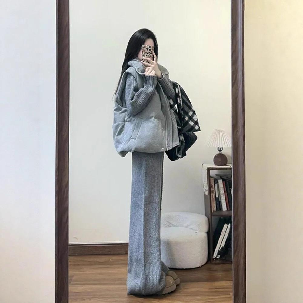 Retro Three-Piece Winter Set: Grey Knitted Cardigan, Warm Cotton Vest, and Cozy Pants