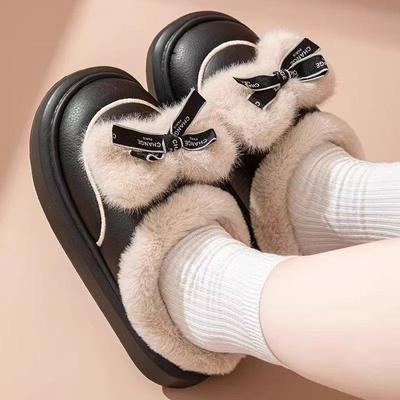 Winter Indoor Waterproof Cotton Slippers Fashion Bow Non-slip Thickened Velvet Warm Cotton Shoes