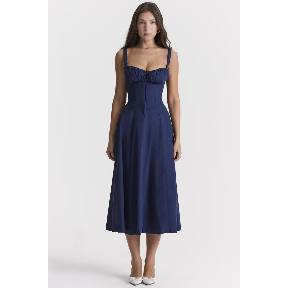Women s Sweetheart Neck Sleeveless Midi Dress High Waist Elegant A Line Dress S синий
