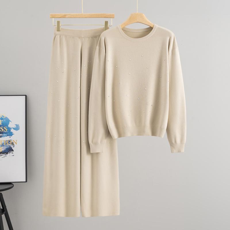 Autumn and Winter Gypsy Stars Hot Diamond Round Neck Pullover Long Sleeve Knitted Sweater Loose Knitting Two-piece Set Women