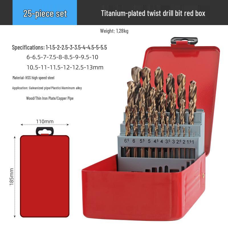 13-Piece High-Speed Steel Titanium-Plated Twist Drill Bit Set for Stainless Steel with Straight Shank