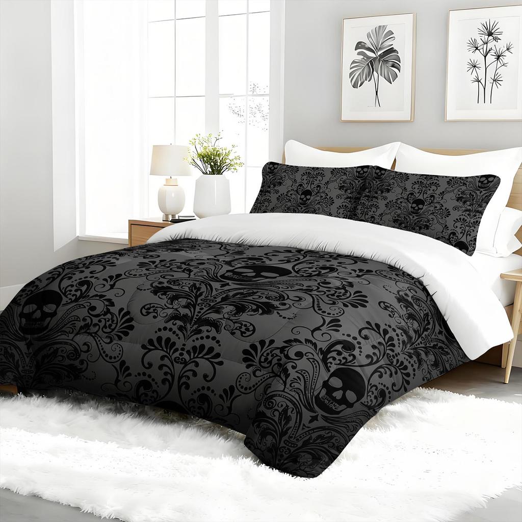 3PC Skull Pattern Gothic Comforter Set with 2 Pillowcases - Skeleton Duvet Cover for Bedroom Or Guest Room Decor