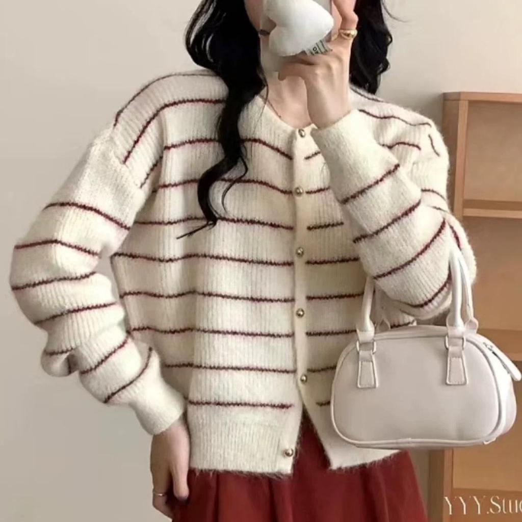 Damen Strickjacke mit Streifen und Farbblock, Rundhalsausschnitt - Herbst/Winter 2025 Koreanischer Stil Vielseitiger Strickpullover