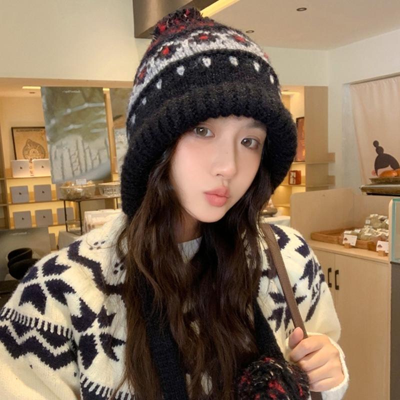 Elastic Thermally Fleece Hat Nordic Pattern Lightweight Cold Weather Headwear Elastic Winter Beanies For Travel