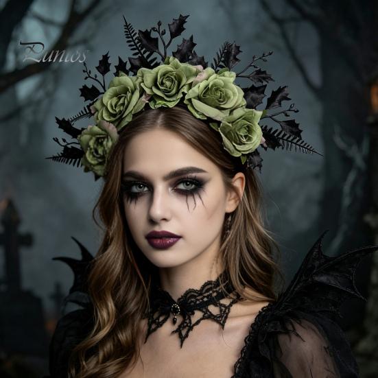Fascia Nera con Testa di Rosa per Halloween, Fascia, Ghirlanda di Fiori e Foglie Cerchietti per Capelli Fasce, Accessori Gotici Donna Copricapo Fascia per Capelli Cosplay Festa Vestito