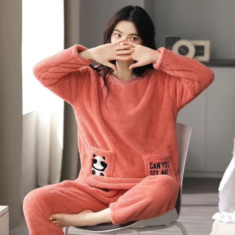 Korallfleece Pyjama Damen Winter Niedlich Erdbeere Plus Samt Dick Warm Flanell Hausanzug