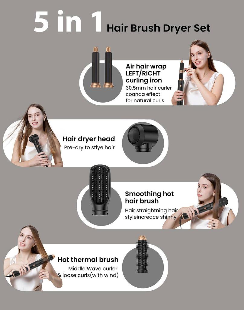 New Multi-Functional 5-in-1 Hair Dryer & Hot Air Brush with Adjustable Temp & Auto Curling