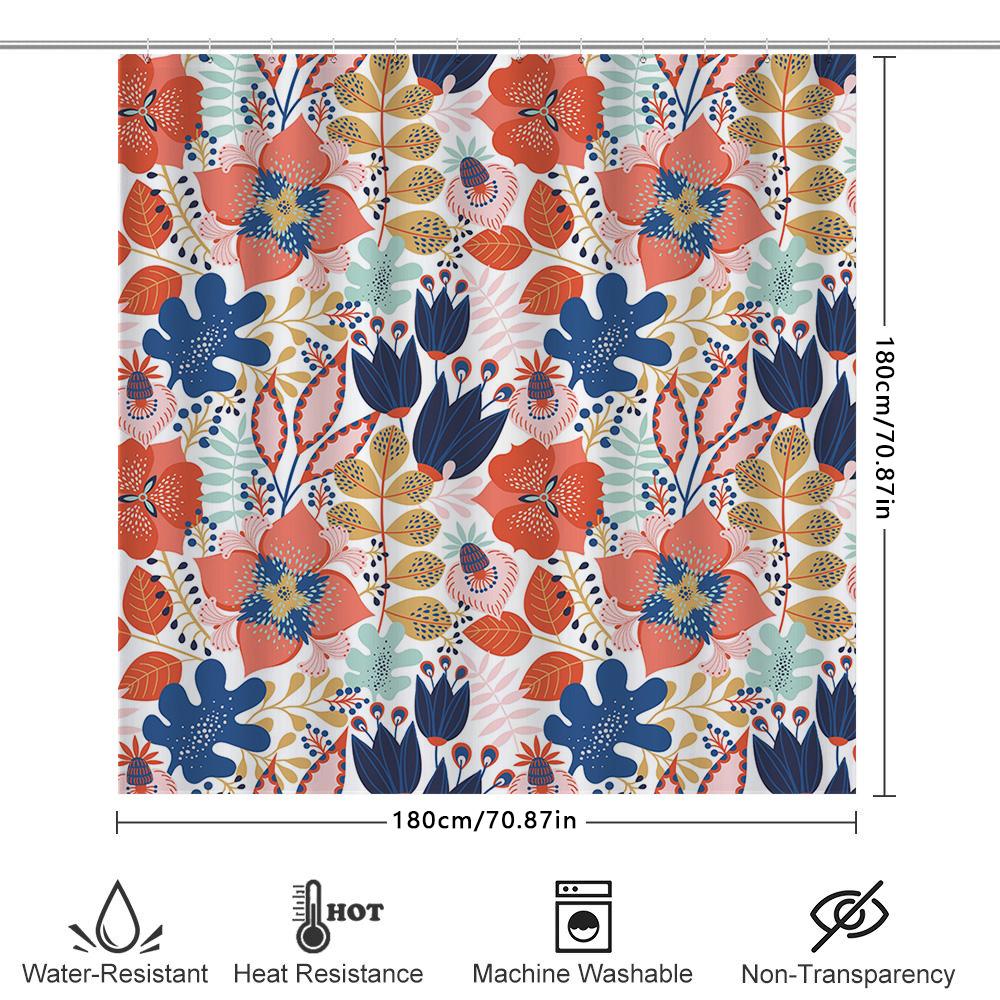 Floral Shower Curtain Bath Mat Decor, Modern Printed Waterproof Fabric Bathroom Rug Set Pink Blue Orange Green Leaves Flower Des