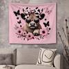 Pink Floral Butterfly Cow Tapestry,Coquette Pink Bow Cow Trendy Tapestry Wall Hanging, Cute Heifer Aesthetic Wall Tapestries For