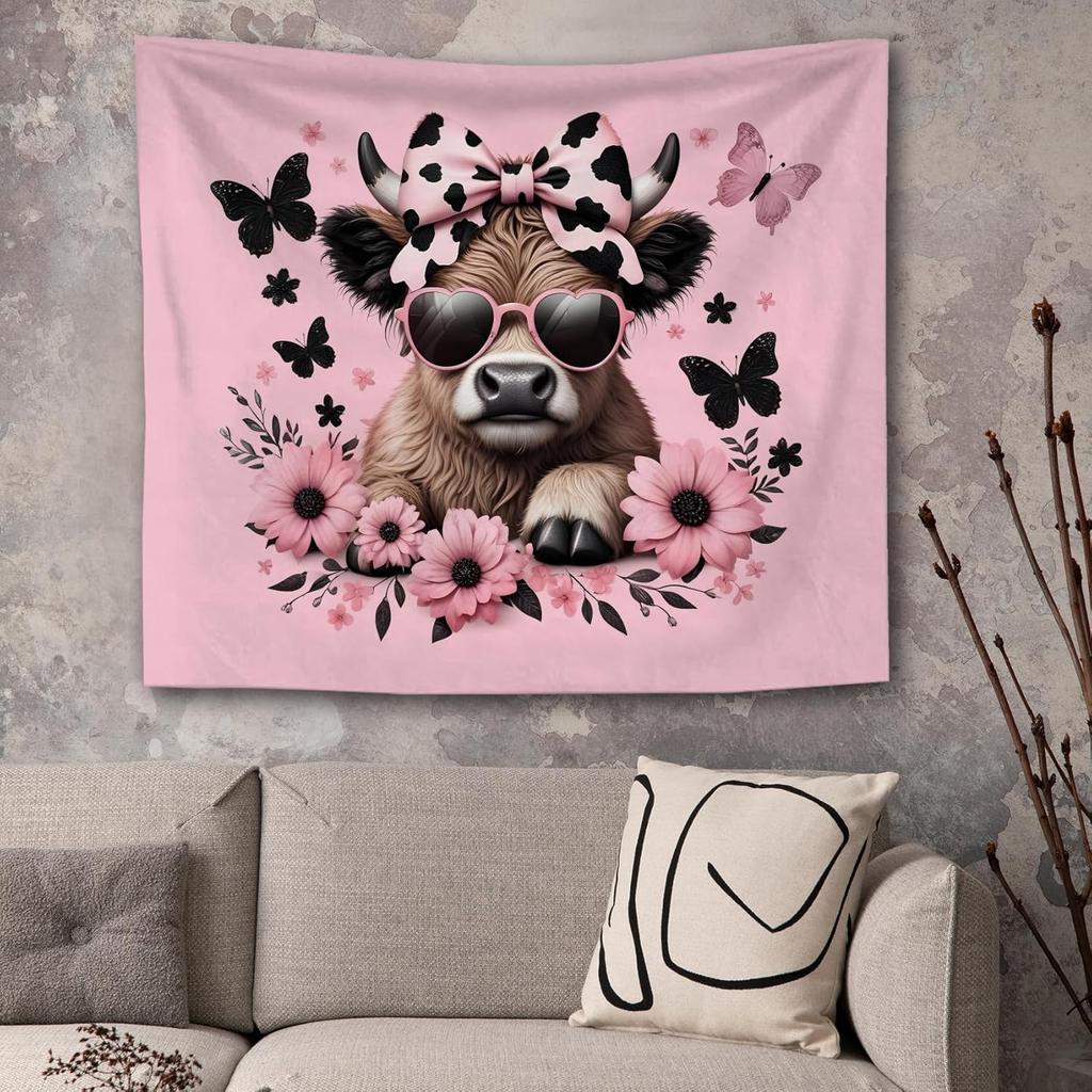 Pink Floral Butterfly Cow Tapestry,Coquette Pink Bow Cow Trendy Tapestry Wall Hanging, Cute Heifer Aesthetic Wall Tapestries For