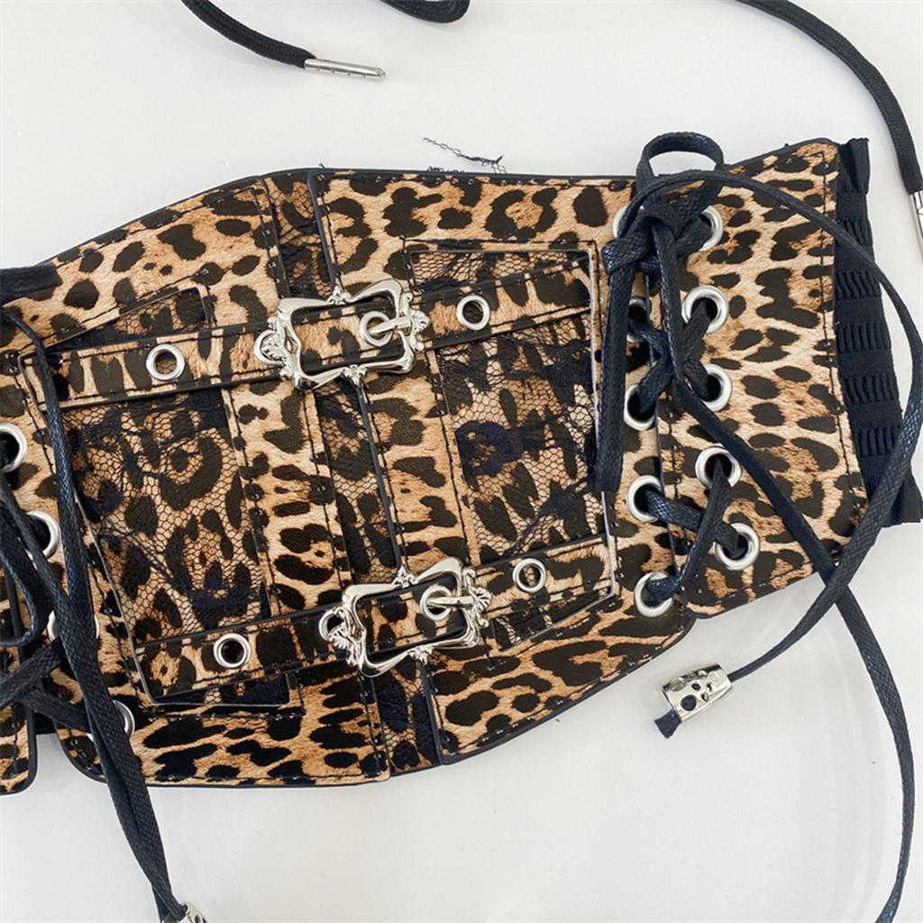 Lace Leopard Pattern Corset Women Waspie Laceup Tied Waistband Retro Cincher for Formal Event Party Elastic Waistbelt