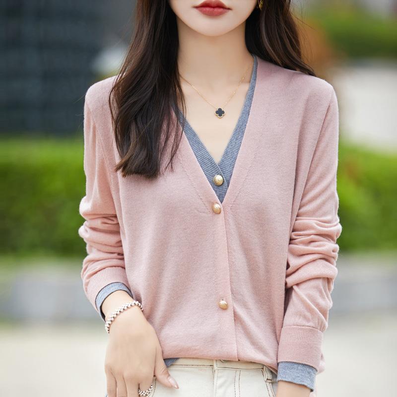 

Женский шерстяной кардиган Qinghe кашемир 50% шелк 50% шерсть весенне-летняя шерсть мягкая, удобная и теплая XL розовый