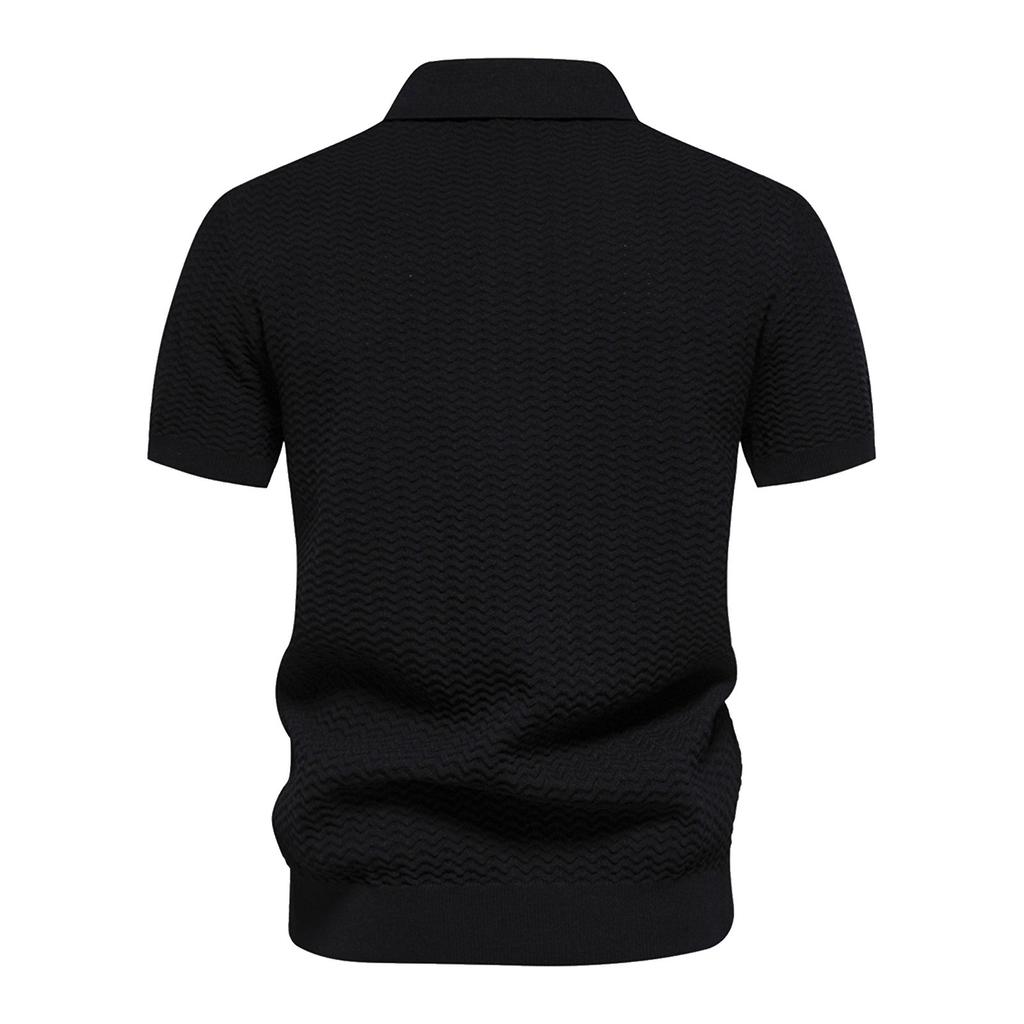 Men's Knitted Shirt Striped Woolen Lapel Short Sleeved Top Casual T-shirt
