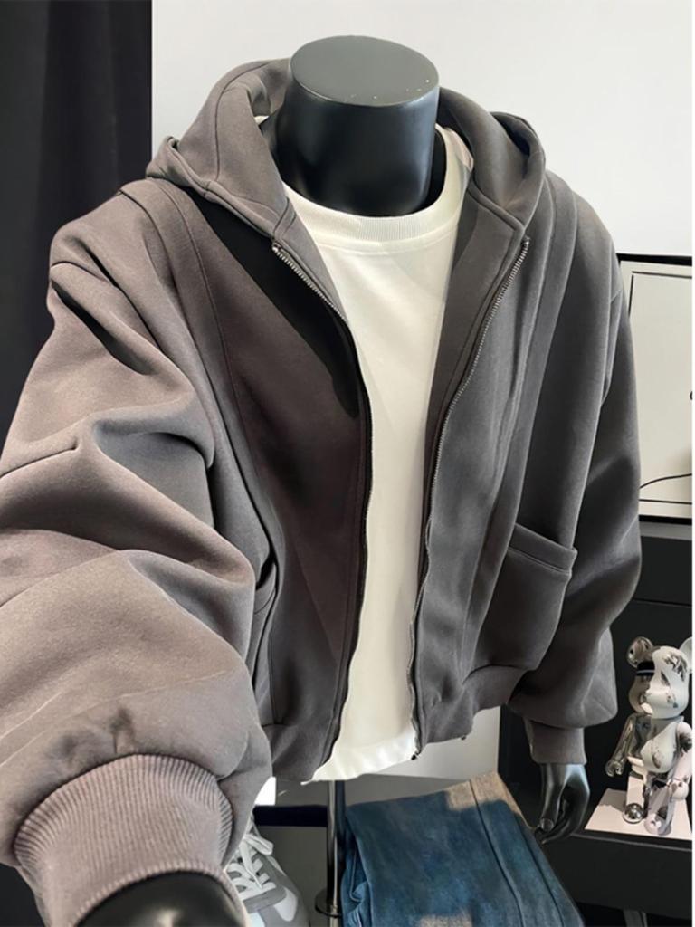 Men's 400g Heavy Gray Deconstructed Zip-Up Hoodie