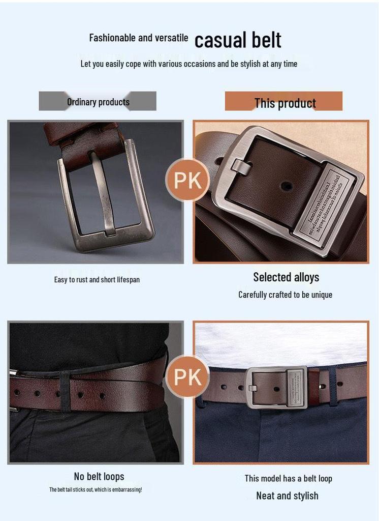 Men's Genuine Leather Belt, 3.8cm Wide, Pin Buckle - Versatile for Business and Casual Wear