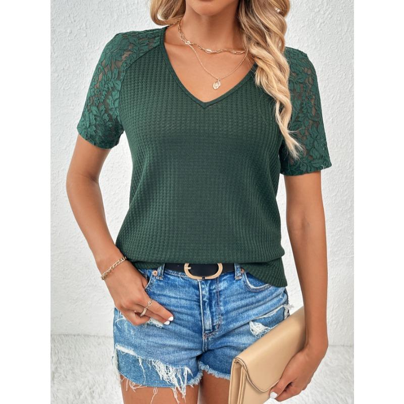 Summer Short Sleeve Hollow Lace V-neck Women Blouse Loose Casual T-shirt Short Sleeved Office Top Loose Fashion Elegant Solid Color Shirt Clothing
