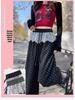 145 Petite Polka Dot High Waist Slimming Wide Leg Lace Trim Drawstring Pants for Women - Spring/Autumn Casual