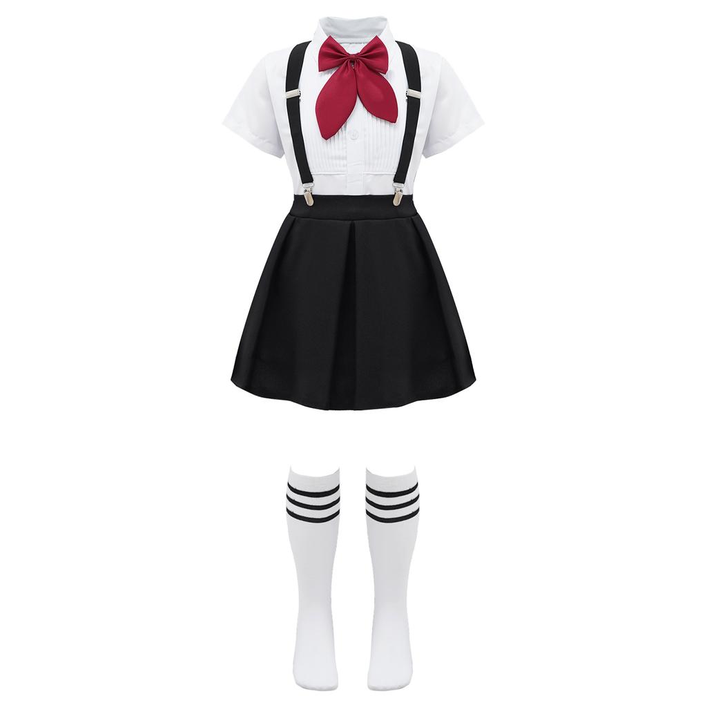 Girls Preppy Style Turndown Collar Bow Top Long or Short Sleeve Button Down with Elastic Waistband Overalls Skirt and Socks Outfit