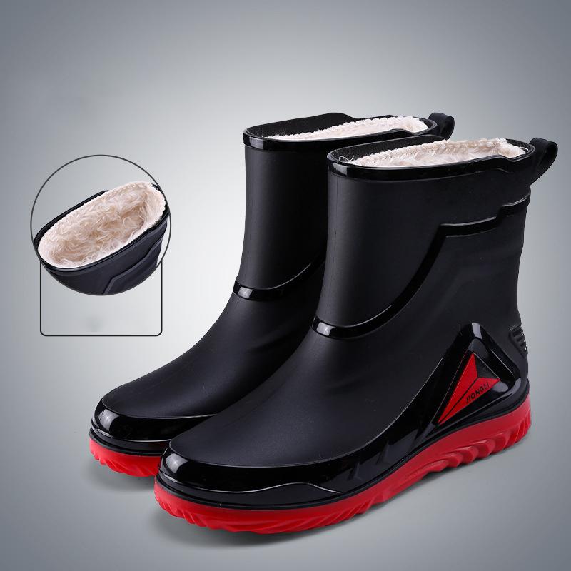Fashion Drawstring Rain Boots Men's Non Slip Mid Tube Water Shoes Rain Boots Plus Velvet Warm Rubber Shoes Closed Work Short Tube Water