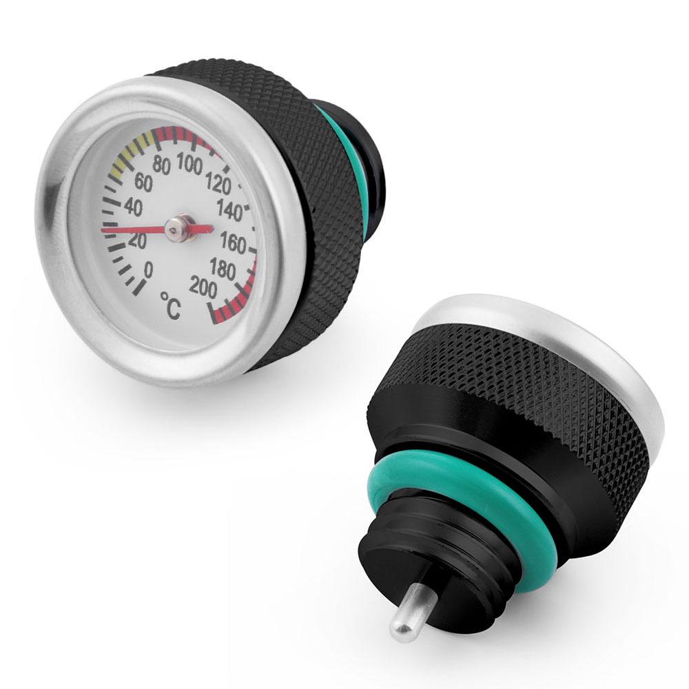 Motorcycle Fuel Tank Cap with Oil Temp Gauge (0-200℃), M20x1.5/M20x2.5, Black/Silver.