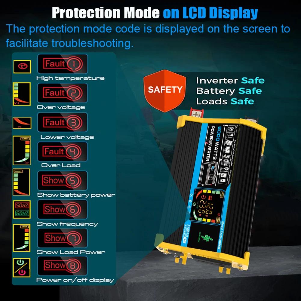 6000W 3000W Car Inverter Modified Sine Wave Voltage Transformer Power Converter DC 12V To AC 110V 220V LCD Display Dual USB Port