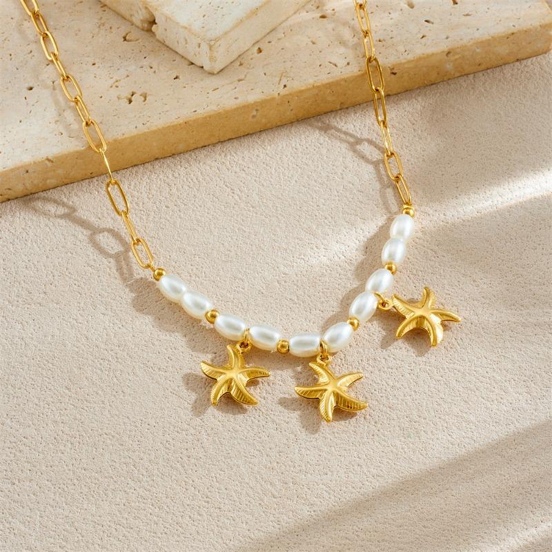 Gold Starfish Pearl Necklace Paperclip Link Chain Choker for Women Beach Theme Jewelry