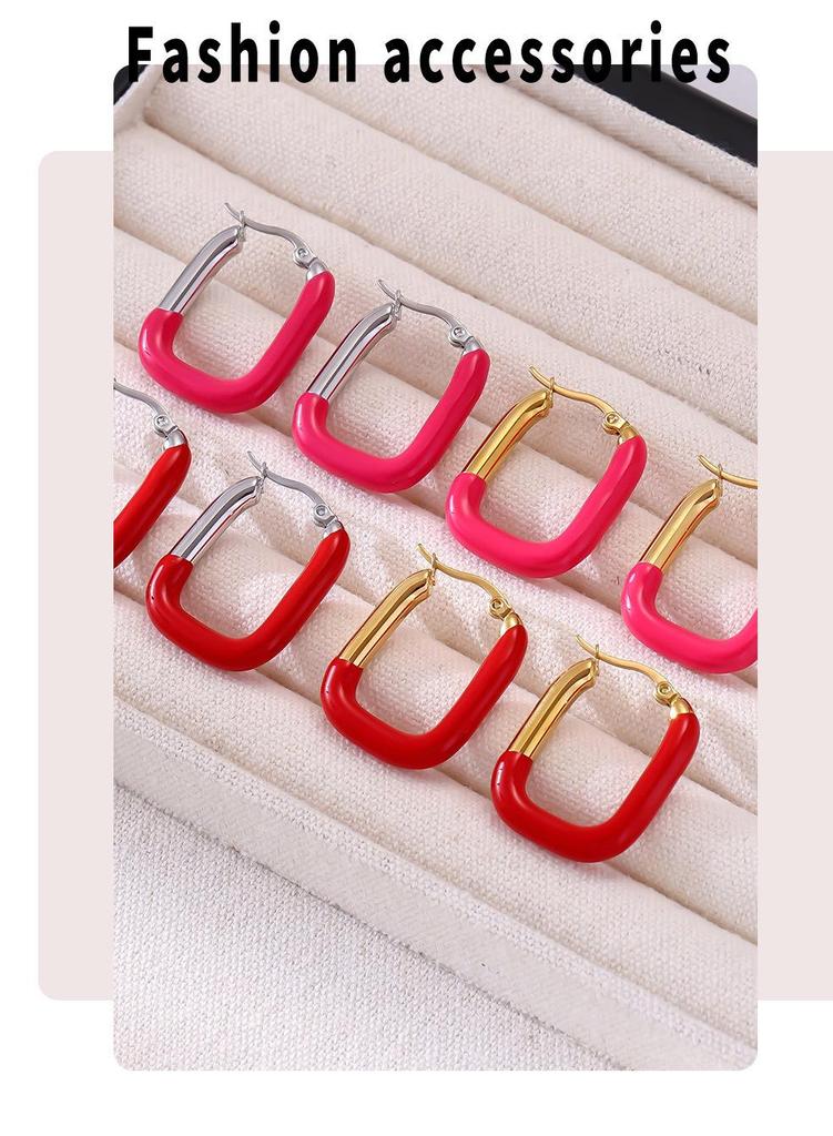 Qiong Yao European Style U-Shaped Gold-Plated Enamel Drop Earrings for Women - Trendy, Stainless Steel, Color-Preserving.