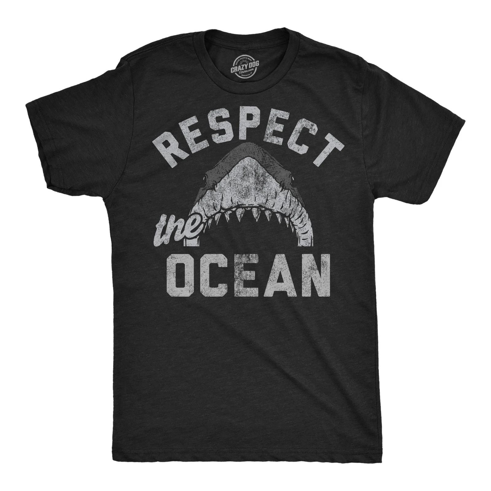 Mens Funny T Shirts Respect The Ocean Sarcastic Shark Graphic Novelty Tee for XXL