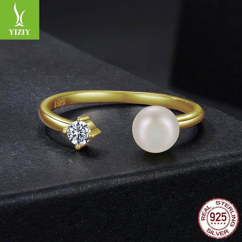 Natural Freshwater Pearl Mozzarella Diamond Ring, Simple Classic Temperament 925 Sterling Silver Open Ring Ring