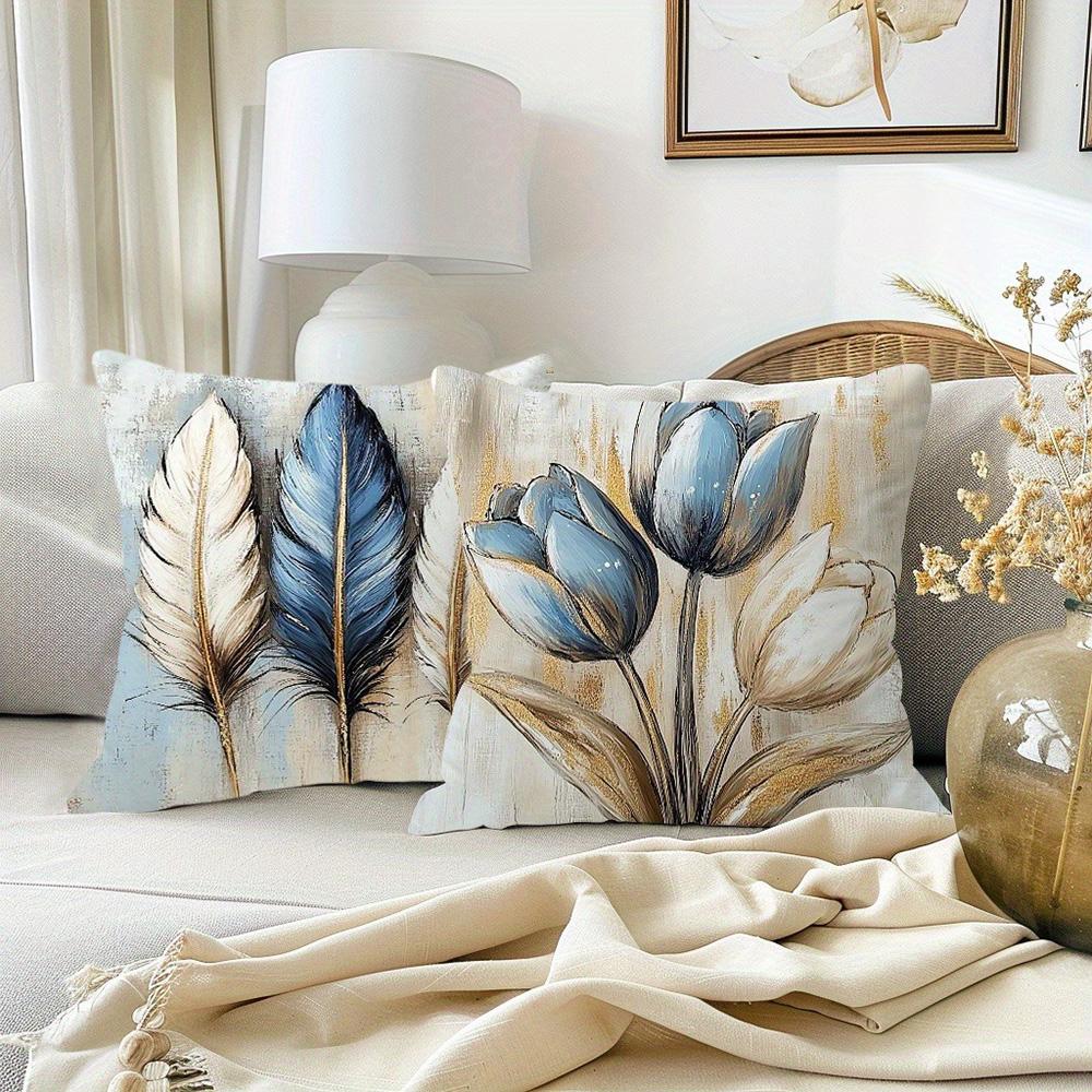 Four Exquisite Pillowcases with Blue and White Floral and Feather Art Prints Sofa cushion cover home room decoration