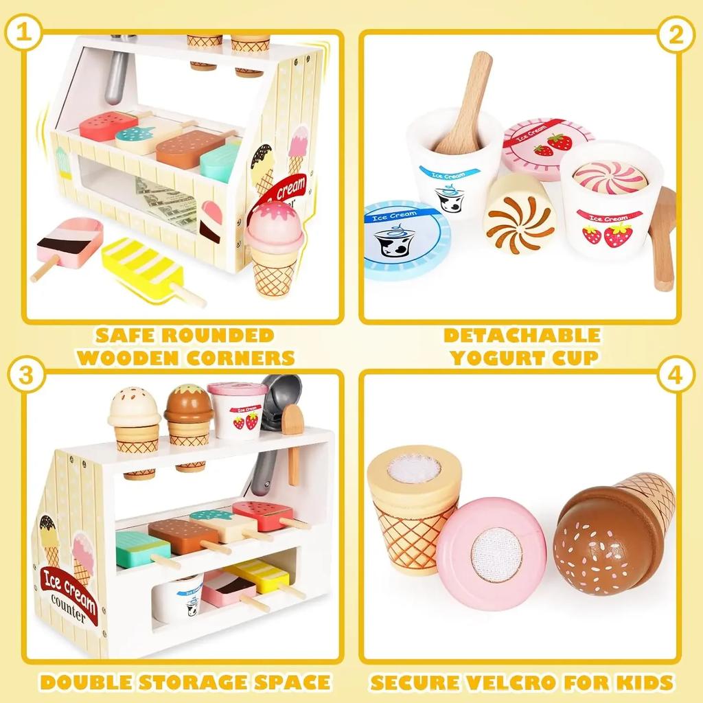 Wooden Ice Cream Counter Playset for Toddler Toys, Montessori Pretend Play Food Toys Kitchen Accessories Early Learning AidsFMX