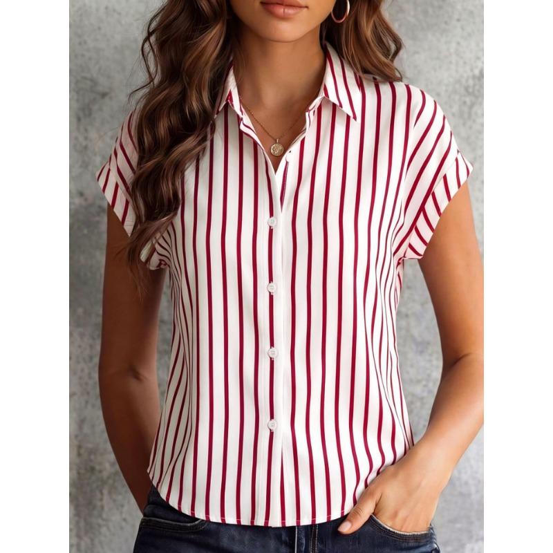 Damen S Gestreiftes Kurzarm Hemd mit Knöpfen Sommer Lässige Bluse