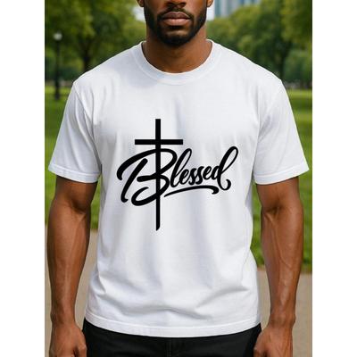European Sizes BLESSED Men'S Print Short-Sleeved T-Shirt  Medium Stretch, Loose Crew Neck, Sweat-Absorbing and Quick-Drying