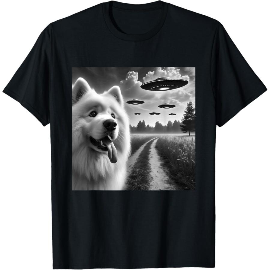 Samoyed Dog Funny Graphic Selfie with UFOs Weird Aliens T-Shirt XXXXXL чёрный