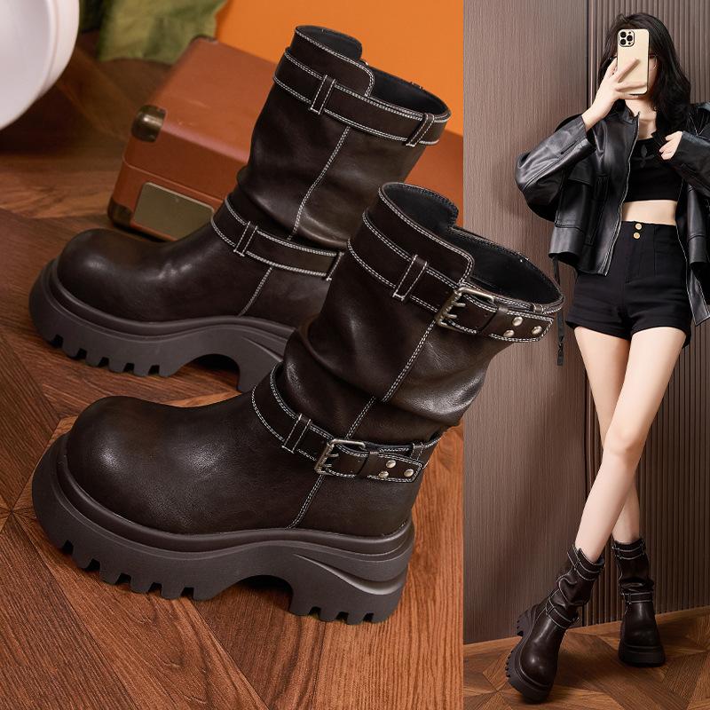 High-heeled Short Boots Women's 2025 Autumn and Winter New British Wind Pleated Piled Boots Belt Buckle Warm Inner Height-increasing Leather Boots