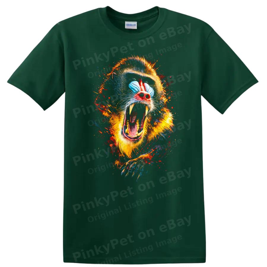 Colorful Baboon Roaring Graphic T Shirt Animal Art Creative Design Tee