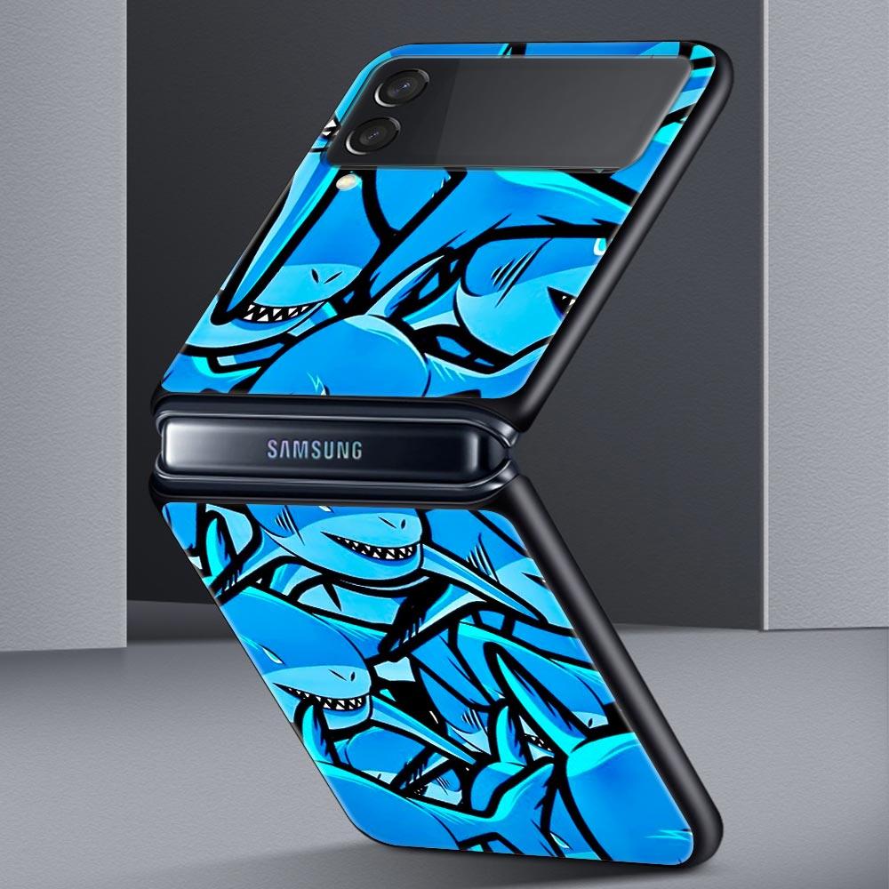 Seaside Sharks Pattern Hard PC Phone Case For Samsung Galaxy Z Flip 7 6 5 4 Black Cover For Galaxy Z Flip 3 Foldable Shell Capas