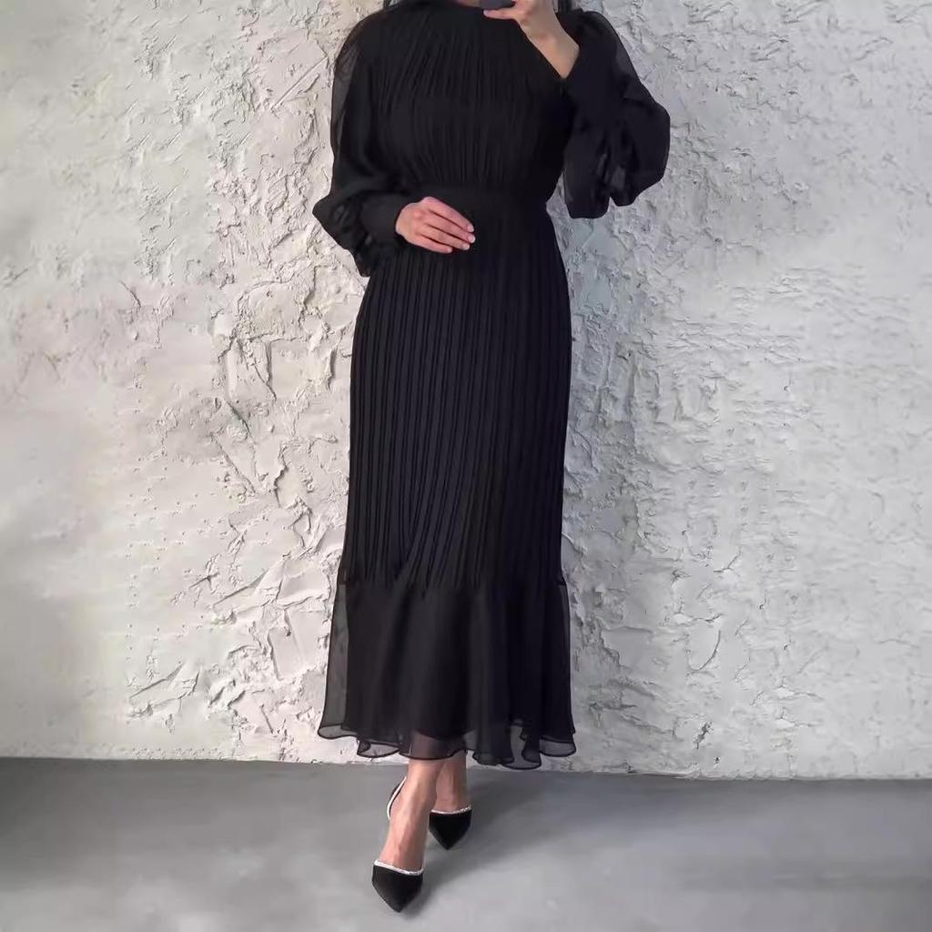 Spring & Autumn Temperament Long Dress: Solid Color Mesh Stitching with Pleated Ruffle Hem