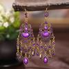 Creative Ethnic Long Antique Gold Color Earrings Vintage Boho Acrylic Rhinestone Geometric Hollow Drop Earrings Women Jewelry