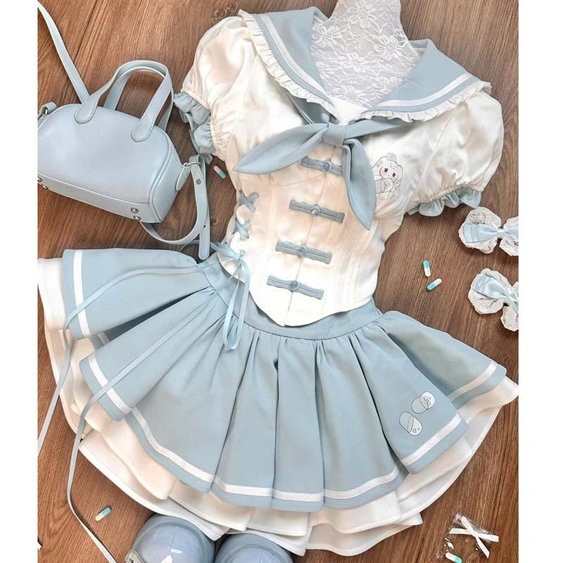

Preppy Sweet Cute Two Piece Set Women Water Blue Long Sleeve Bow Lace Up Tops High Waist Thin Ruffle Mini Skirt Suit S синий