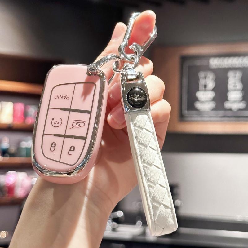 Car Key Case Cover with Leather Keychain for Fiat Jeep Dodge Charger Challenger Dart Journey Durango Grand Caravan
