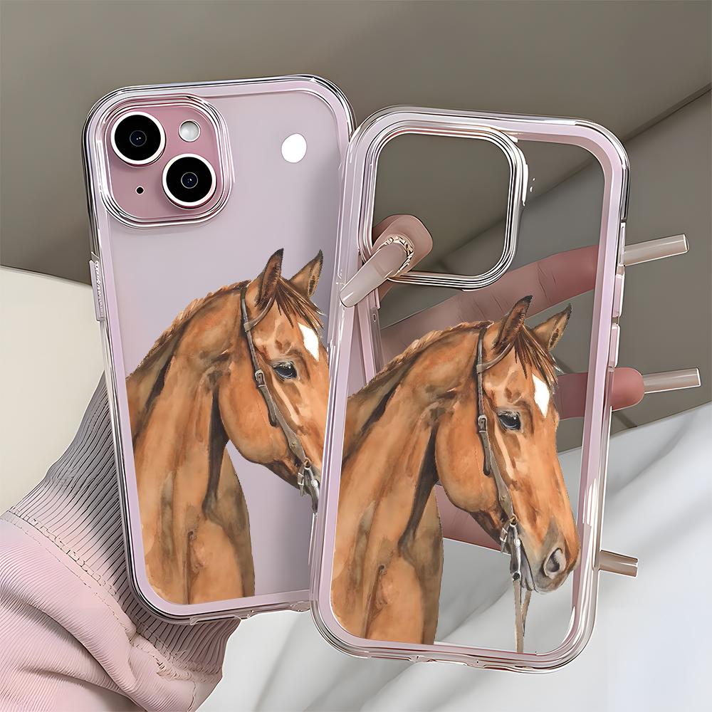Retro Watercolor Horse Pattern Clear Phone Case For iPhone 17Air 16 15 14 13 12 11 Pro Max 14 Plus 2 In 1 Candy Color Soft Cover