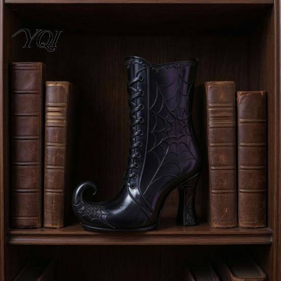 Decorative Mantel Ornament Gothic Witch Boot Vase, Halloween Table Centerpiece Black Spider Web Plastic Floral Arrangement Stand High Heel,