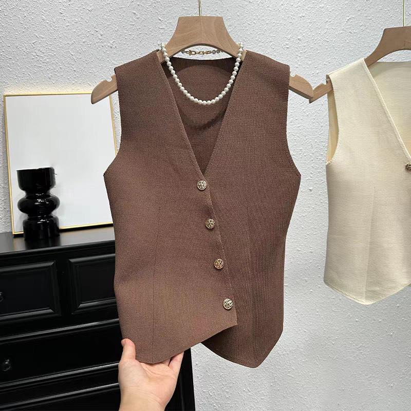 Summer French Retro Irregular Single-Breasted V-Neck Sleeveless Slim Knitted Vest For Women