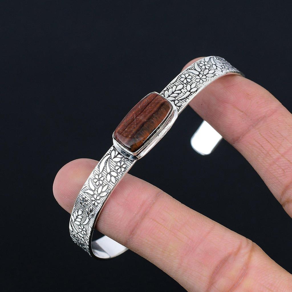 Birthday Gift For Her Natural Tiger Eye Gemstone Bangle Adjustable 925 Silver